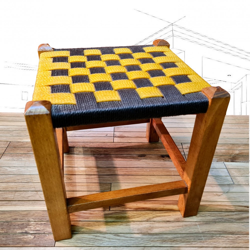 Wooden Stool with Checkerboard Seat