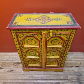 Folk Art Indian Hand Painted Yellow Cabinet