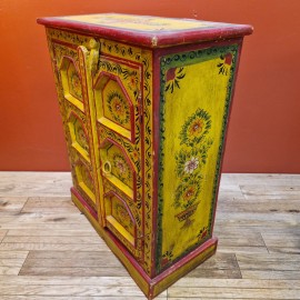 Folk Art Indian Hand Painted Yellow Cabinet