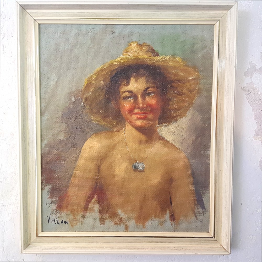 Gennaro Villani 'Boy in Straw Hat' Oil Painting .