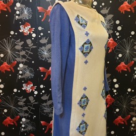 1960'S Blue & Cream Wool Dress